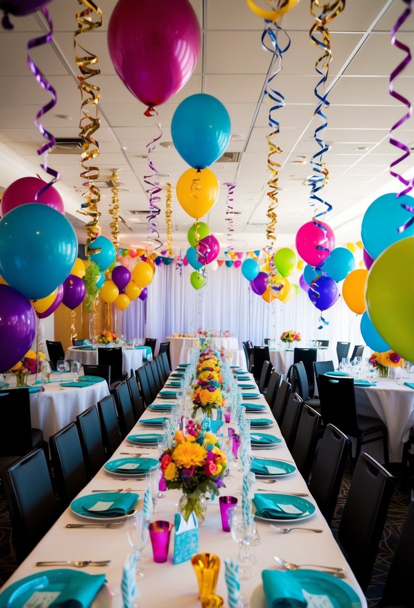 A festive gathering with colorful decorations, balloons, and streamers adorning the space. Tables are set with centerpieces and party favors, creating a joyful atmosphere for a 45th wedding anniversary celebration