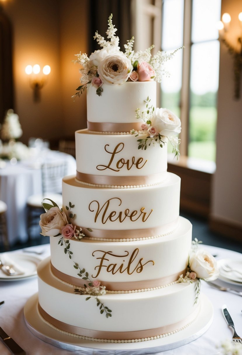 A tiered wedding cake adorned with delicate floral designs and a prominent "Love Never Fails" inscription in elegant calligraphy