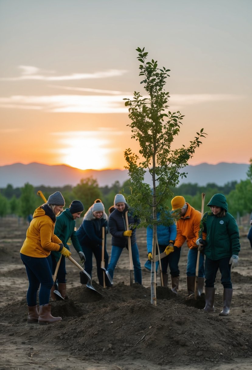 A group of people gather in a clearing, planting young trees in the soft earth as the sun sets behind the distant mountains