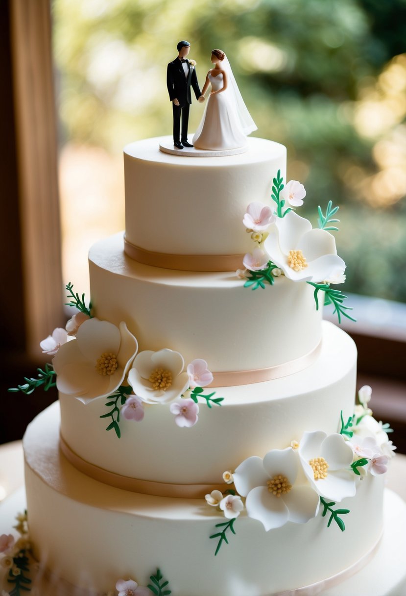 A bride and groom figurine on top of a tiered wedding cake, surrounded by delicate sugar flowers and elegant icing designs