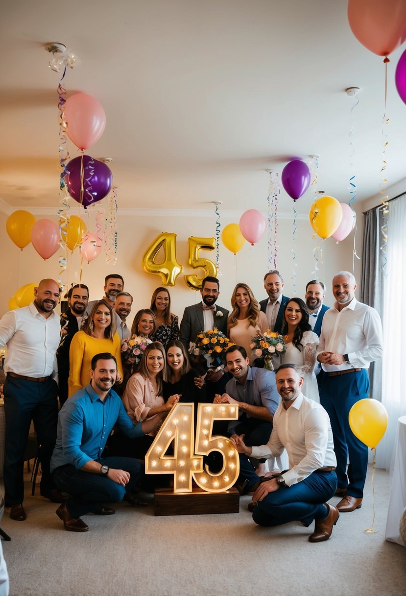 A group of friends and family gather in a decorated room, with balloons, streamers, and a large "45" sign to celebrate a wedding anniversary