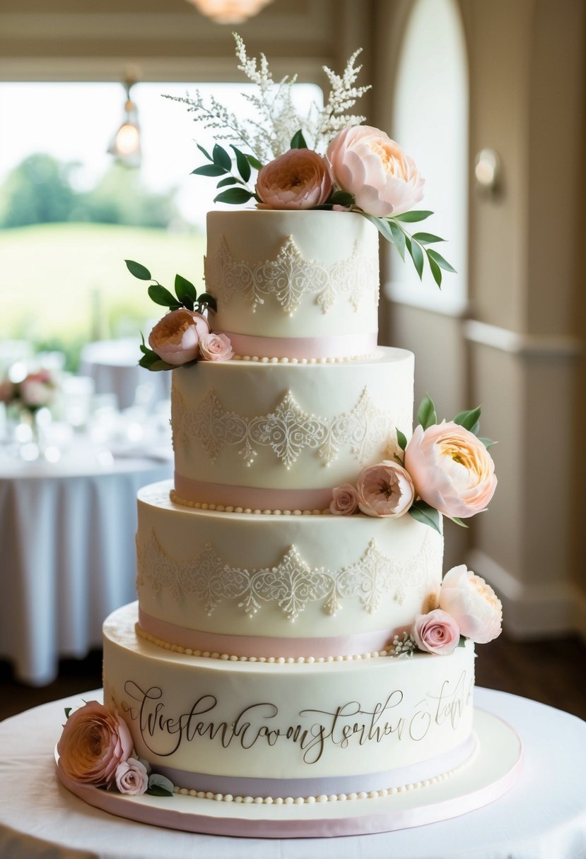 A three-tiered wedding cake adorned with delicate sugar flowers and intricate lace details. A soft pastel color palette and elegant calligraphy add a romantic touch