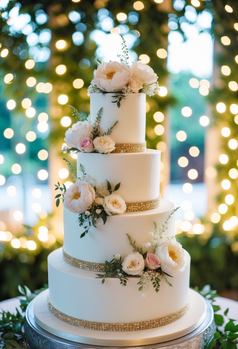 A tiered wedding cake adorned with delicate flowers and elegant gold detailing, set against a romantic backdrop of twinkling lights and lush greenery