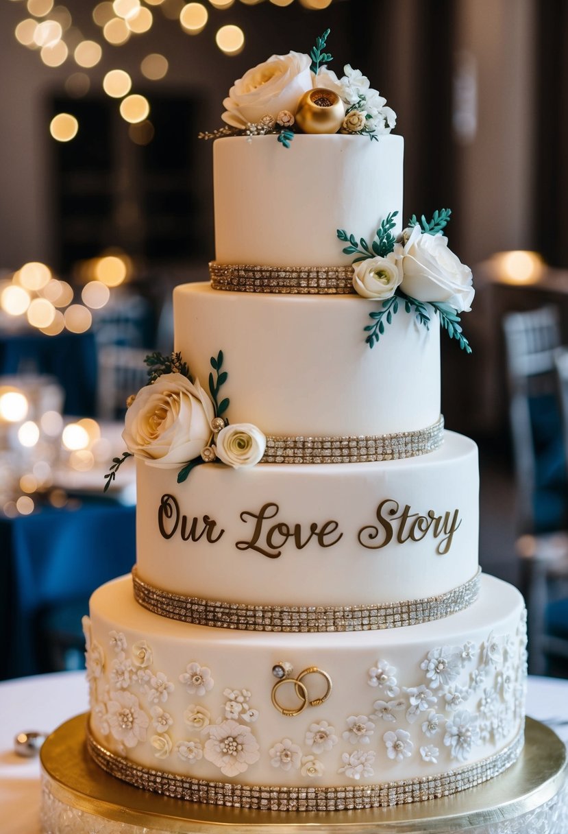 A tiered wedding cake with intricate floral designs, intertwined rings, and a romantic "Our Love Story" theme