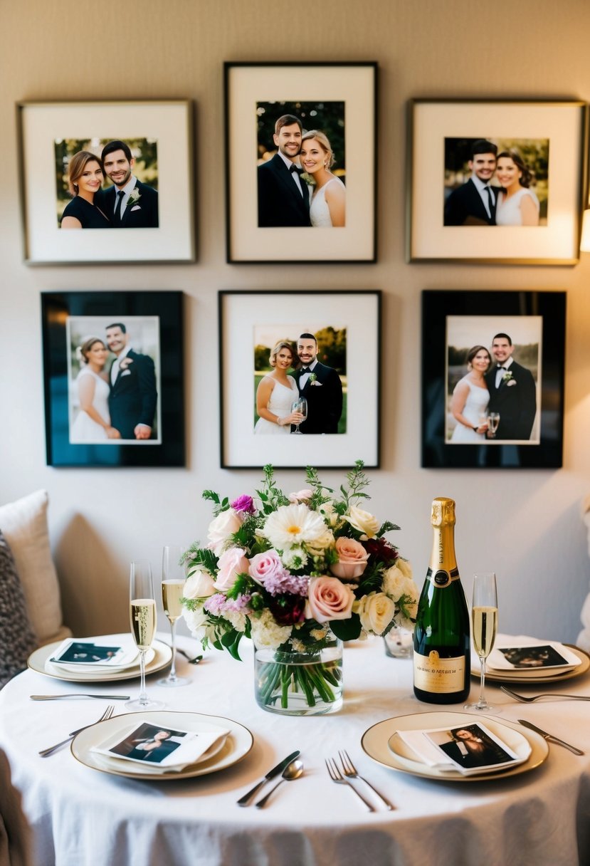 A cozy table set for two with a bouquet of flowers and a bottle of champagne, surrounded by framed photos of the couple throughout the years