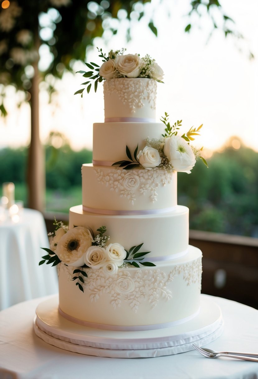 A three-tiered wedding cake with intricate floral designs and a pair of entwined wedding rings to symbolize "Together Forever."