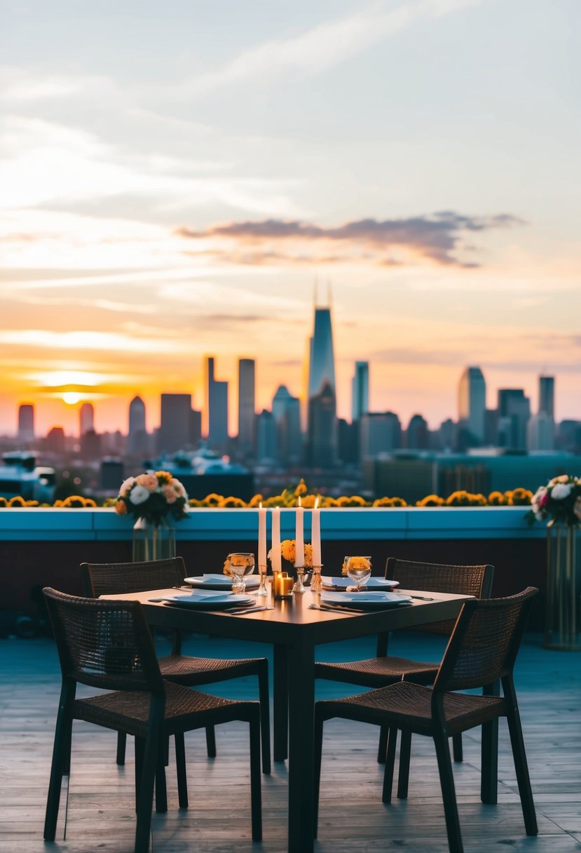 A table set with candles and flowers on a rooftop at sunset overlooking a city skyline