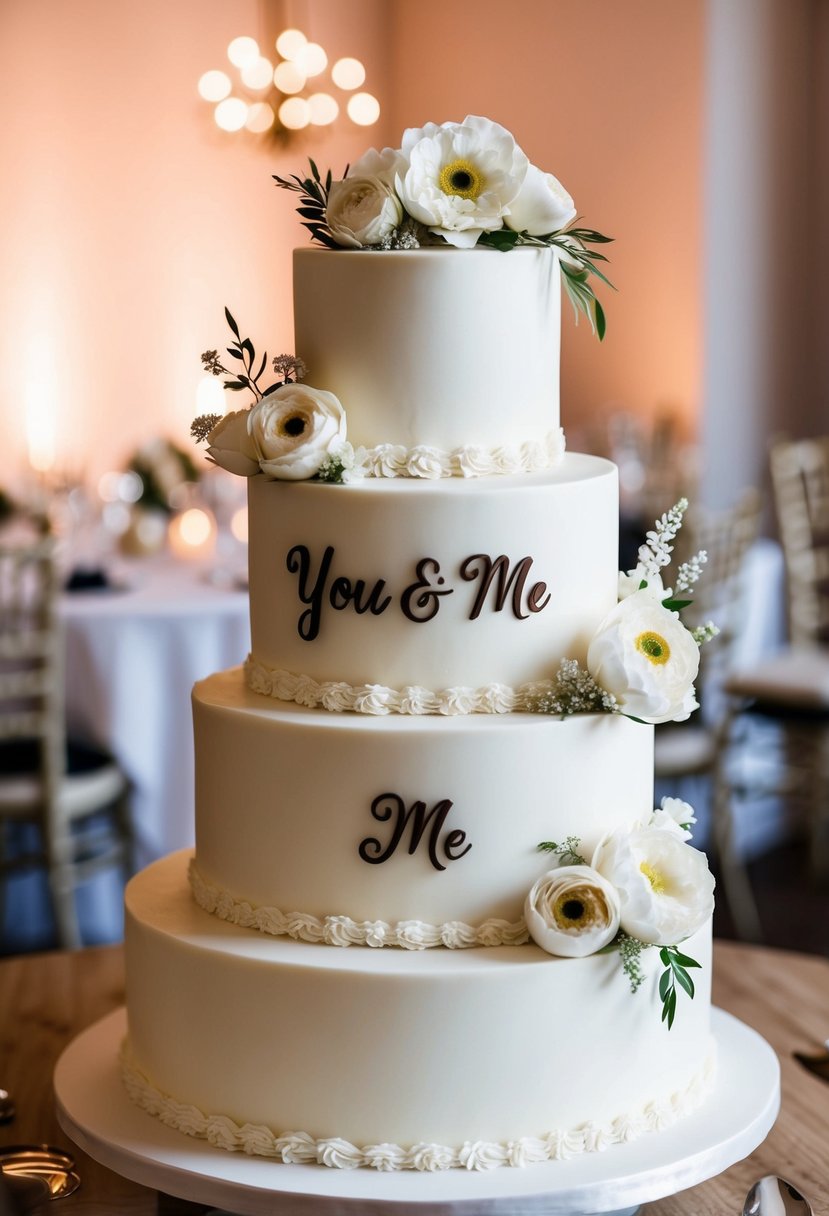 A tiered wedding cake with "You & Me" theme, adorned with delicate floral decorations and elegant piping details