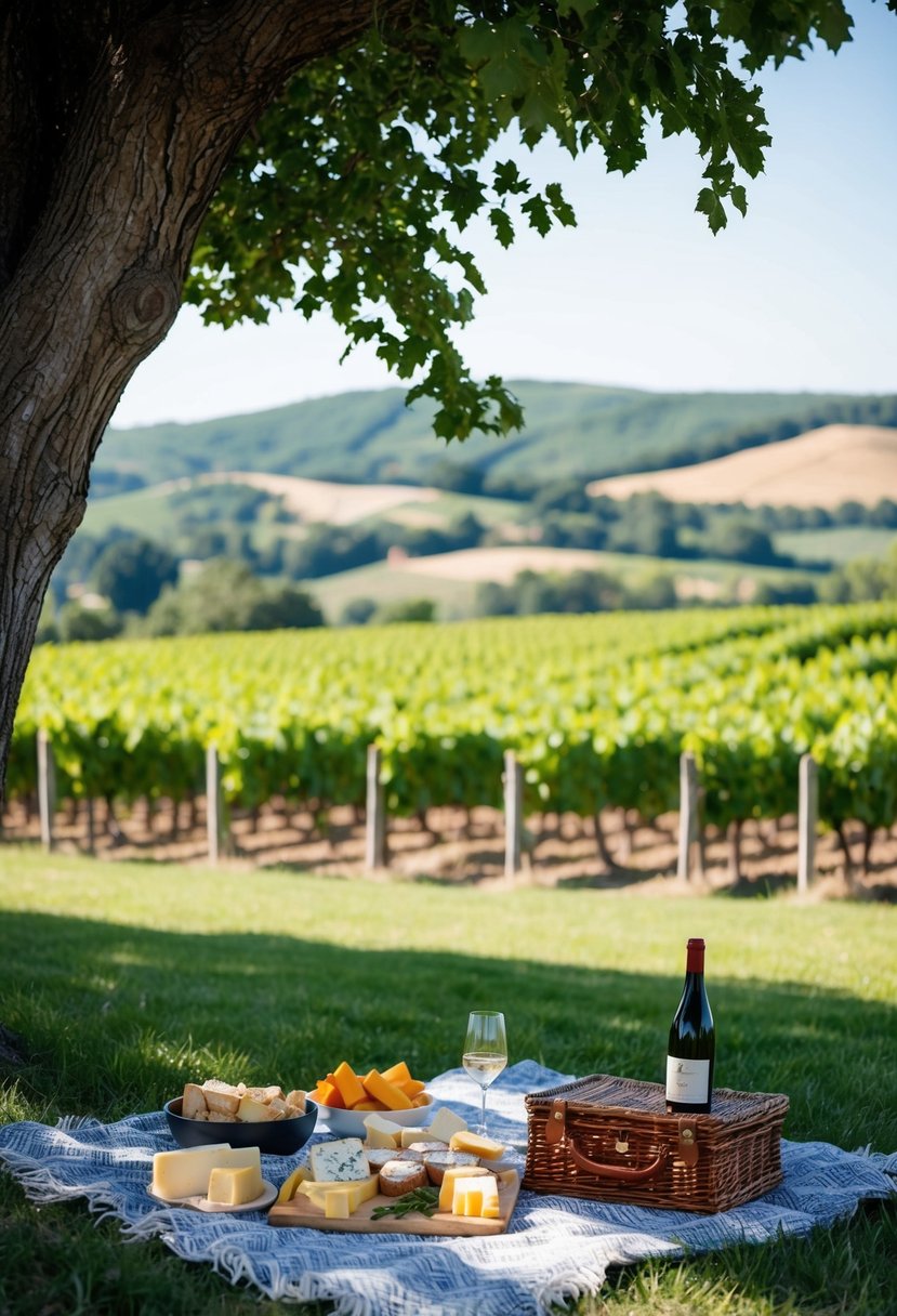 A vineyard overlooking rolling hills, with a picnic set up on a blanket under a shady tree, featuring a spread of various cheeses and a bottle of wine