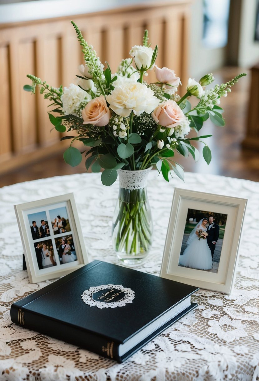 A table set with a lace tablecloth, adorned with a vase of fresh flowers, framed wedding photos, and a personalized photo album