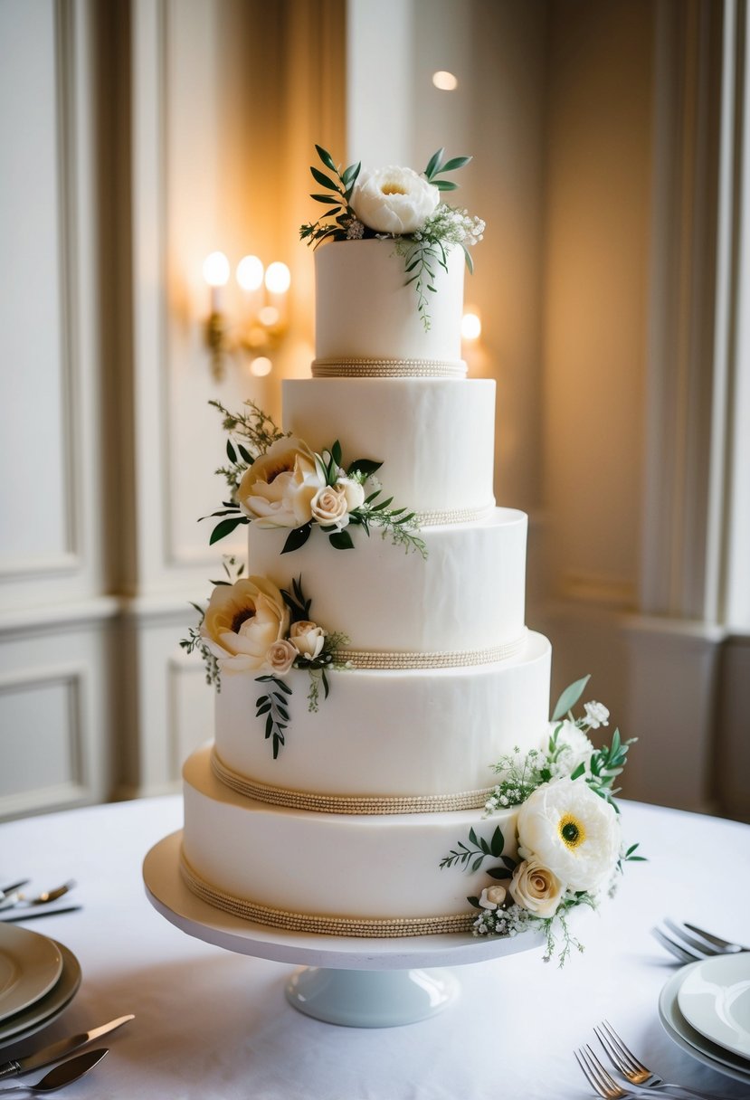 A three-tiered wedding cake adorned with elegant floral decorations and intricate piping designs