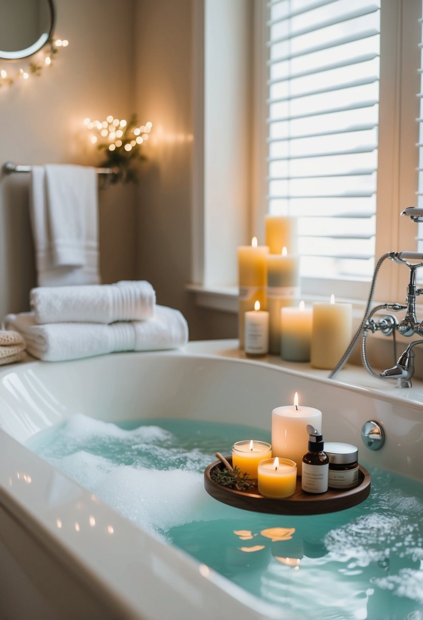 A cozy bathroom with soft lighting, a bubbling bath, fluffy towels, scented candles, and a tray of skincare products and herbal teas