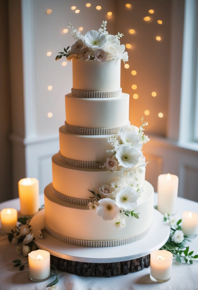 A tiered wedding cake adorned with delicate sugar flowers and intricate piping, surrounded by romantic candlelight