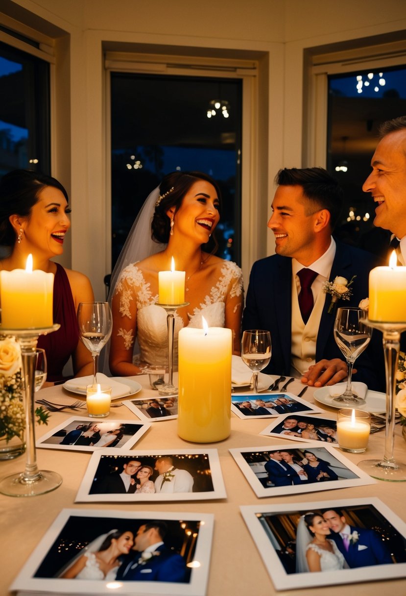 A couple sits at a candlelit table, surrounded by photos from their wedding day. The room is filled with laughter and the sound of clinking glasses