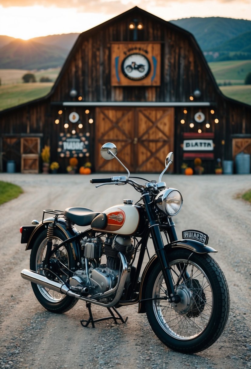 A vintage motorcycle parked in front of a rustic barn adorned with biker-themed decorations, surrounded by a backdrop of rolling hills and a sunset