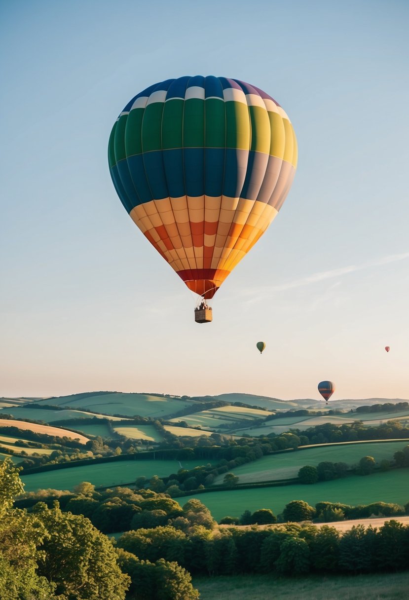 A colorful hot air balloon floats above a serene landscape of rolling hills and lush greenery. The sky is clear and the sun is shining, creating a peaceful and romantic setting for the 58th wedding anniversary celebration