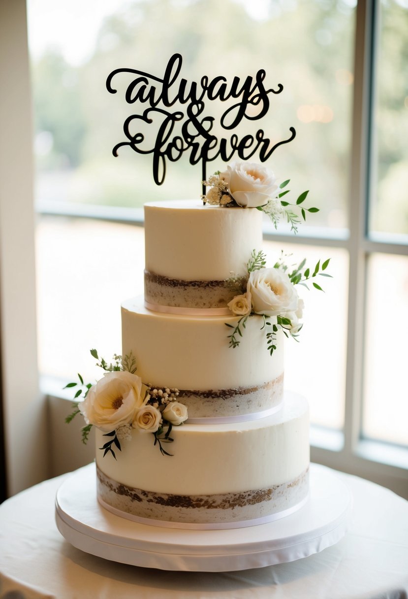 A tiered wedding cake adorned with delicate floral decorations and a romantic "Always & Forever" topper