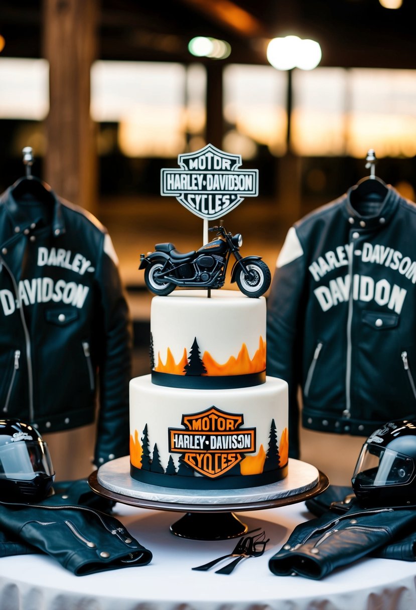 A custom motorcycle-themed wedding cake with Harley-Davidson cake toppers surrounded by leather jackets and biker accessories