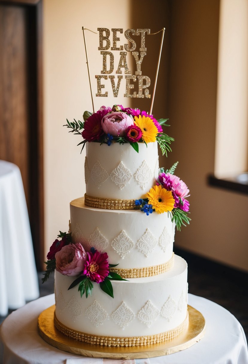 A three-tiered wedding cake adorned with vibrant flowers and intricate lace designs, topped with a shimmering gold "Best Day Ever" banner