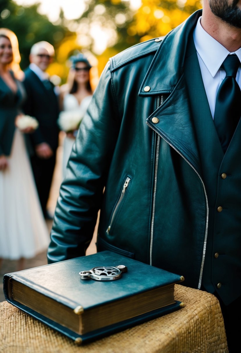 A leather jacket draped over a vintage guestbook at a biker-themed wedding