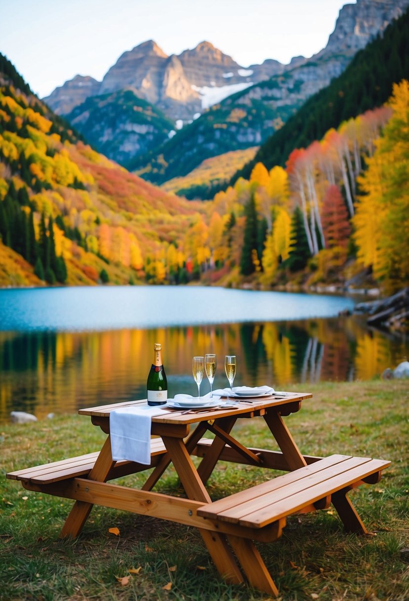 A cozy cabin nestled in the mountains, surrounded by colorful autumn foliage and a tranquil lake, with a picnic table set for two and a bottle of champagne on ice