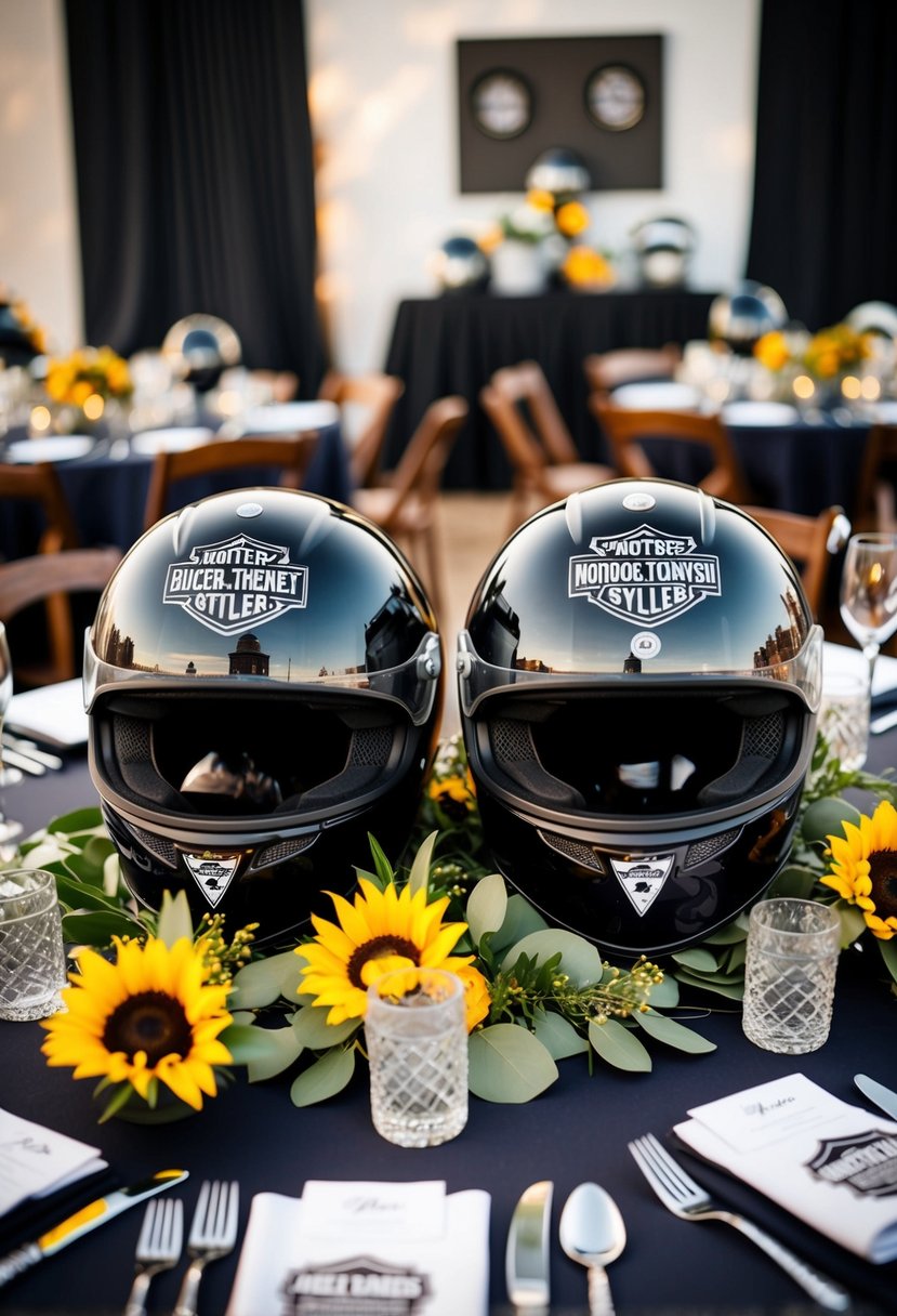 A table adorned with motorcycle helmet centerpieces, surrounded by biker-themed decor and wedding favors