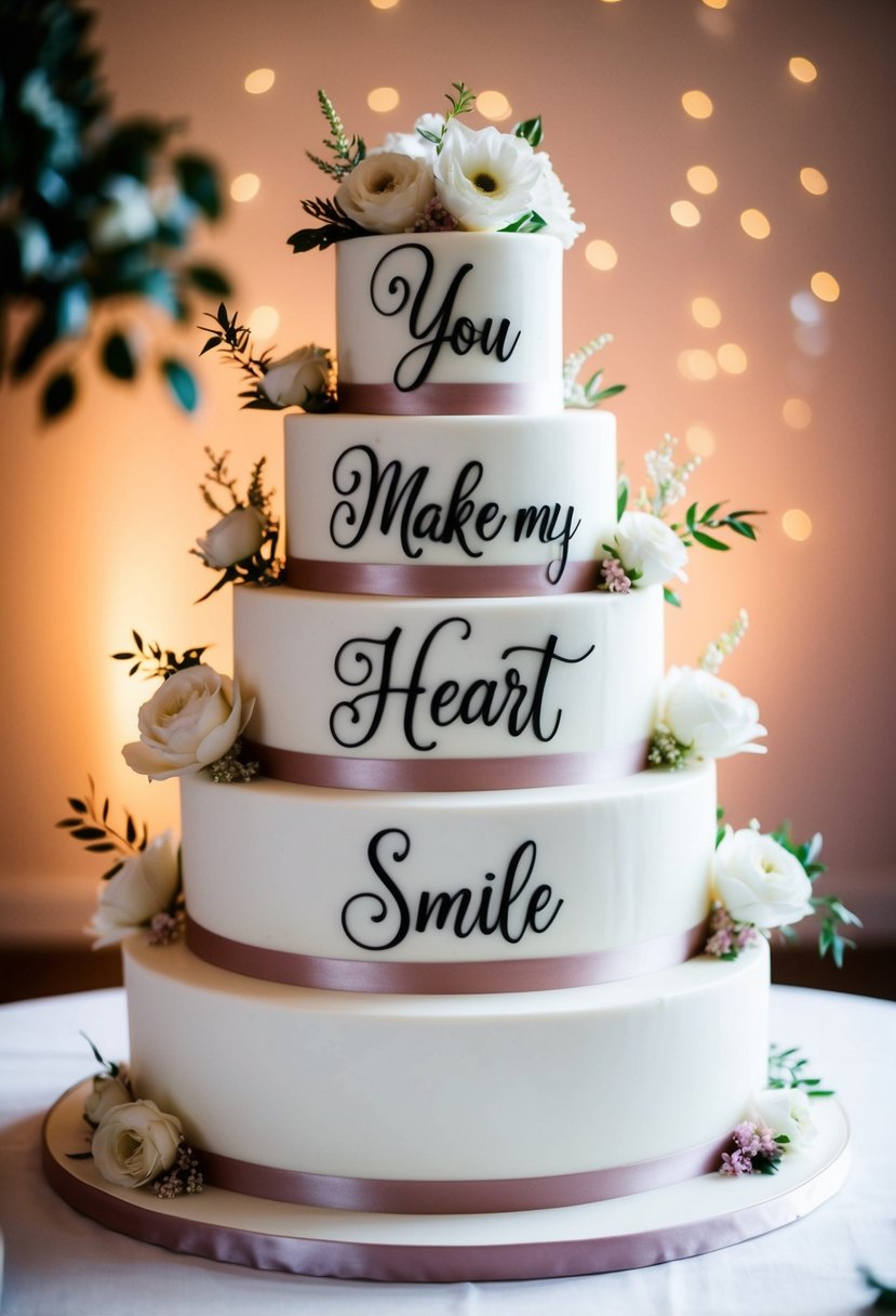 A tiered wedding cake with "You Make My Heart Smile" written in elegant calligraphy surrounded by delicate floral decorations