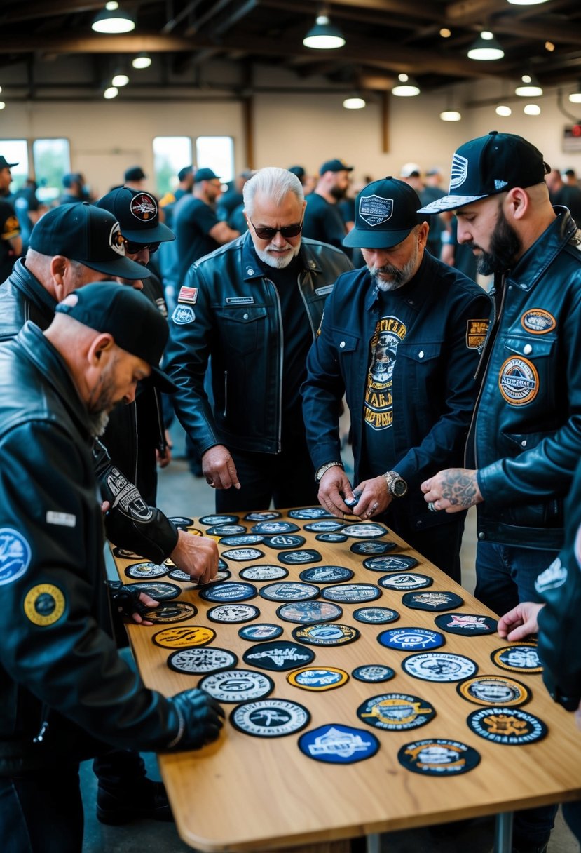 A group of bikers gather around a table, admiring and trading customized biker patches. The patches feature unique designs and colors, adding a personal touch to their jackets