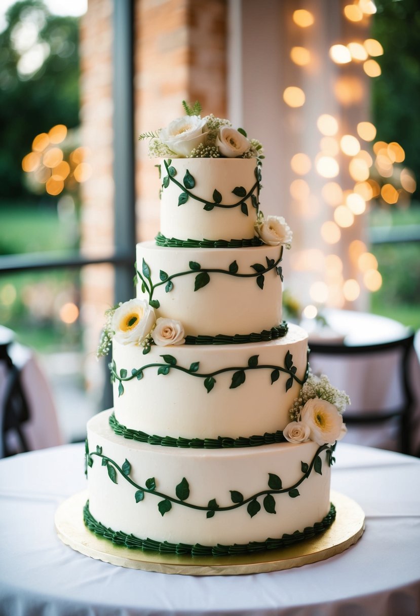 A tiered wedding cake with intertwining floral and vine designs, symbolizing the union of two individuals becoming one