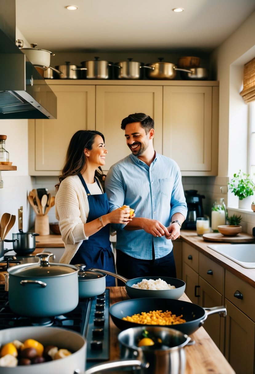 A cozy kitchen filled with pots, pans, and ingredients. A couple stands side by side, smiling as they work together at the stove