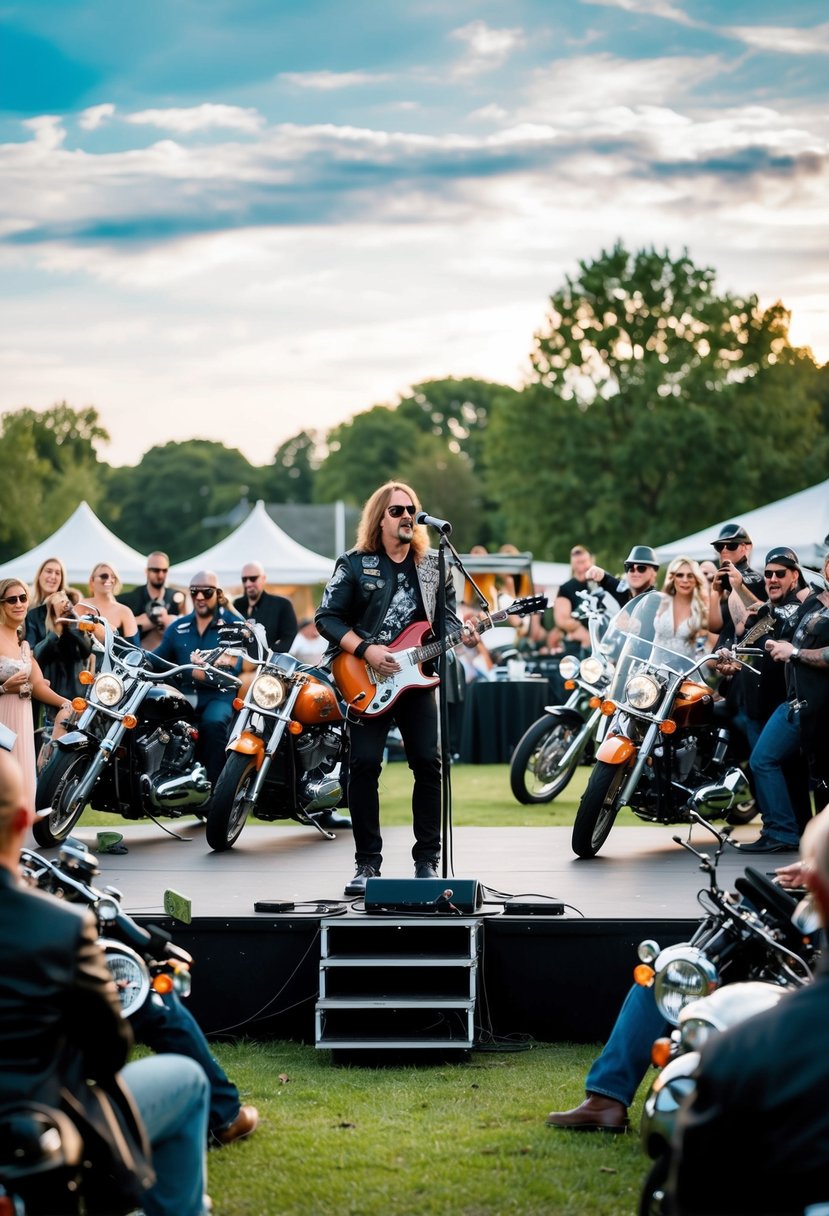 A live rock band performs on a stage at a biker wedding, surrounded by motorcycles and enthusiastic guests