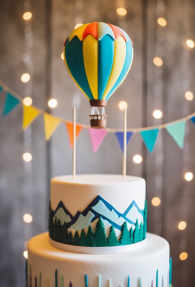 A whimsical wedding cake topper featuring a hot air balloon soaring above a mountain landscape, with a trail of colorful banners trailing behind