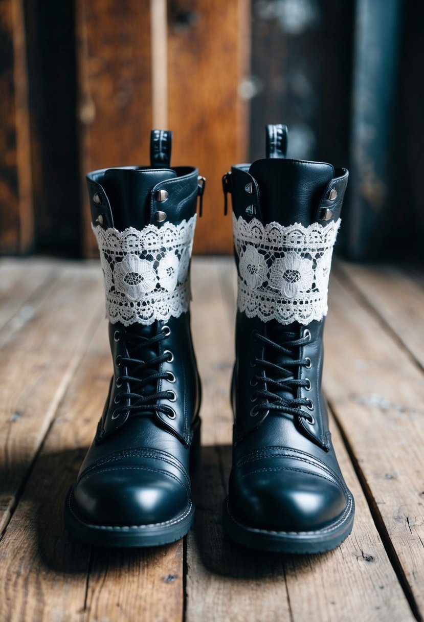 A pair of biker boots, one decorated with white lace and the other with black leather, standing side by side on a rustic wooden floor