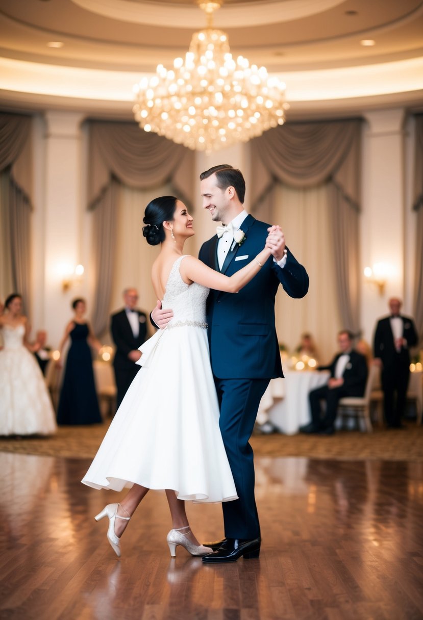 A couple gracefully waltzing in a ballroom, surrounded by soft lighting and elegant decor