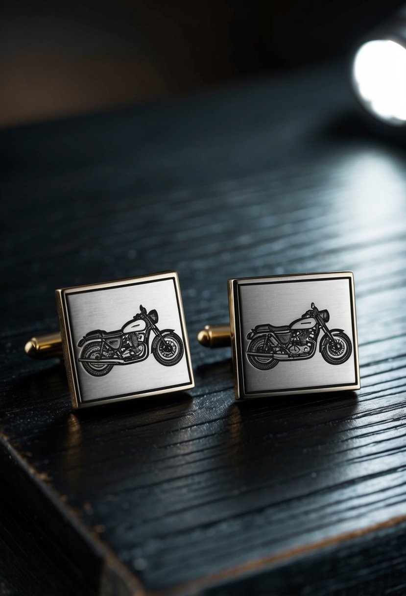 Two engraved motorcycle cufflinks displayed on a dark wooden surface with a subtle spotlight highlighting the intricate details