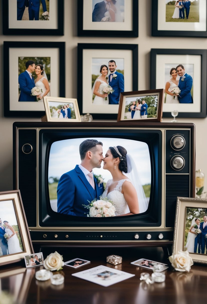 A couple's wedding video playing on a vintage TV, surrounded by framed photos and anniversary memorabilia