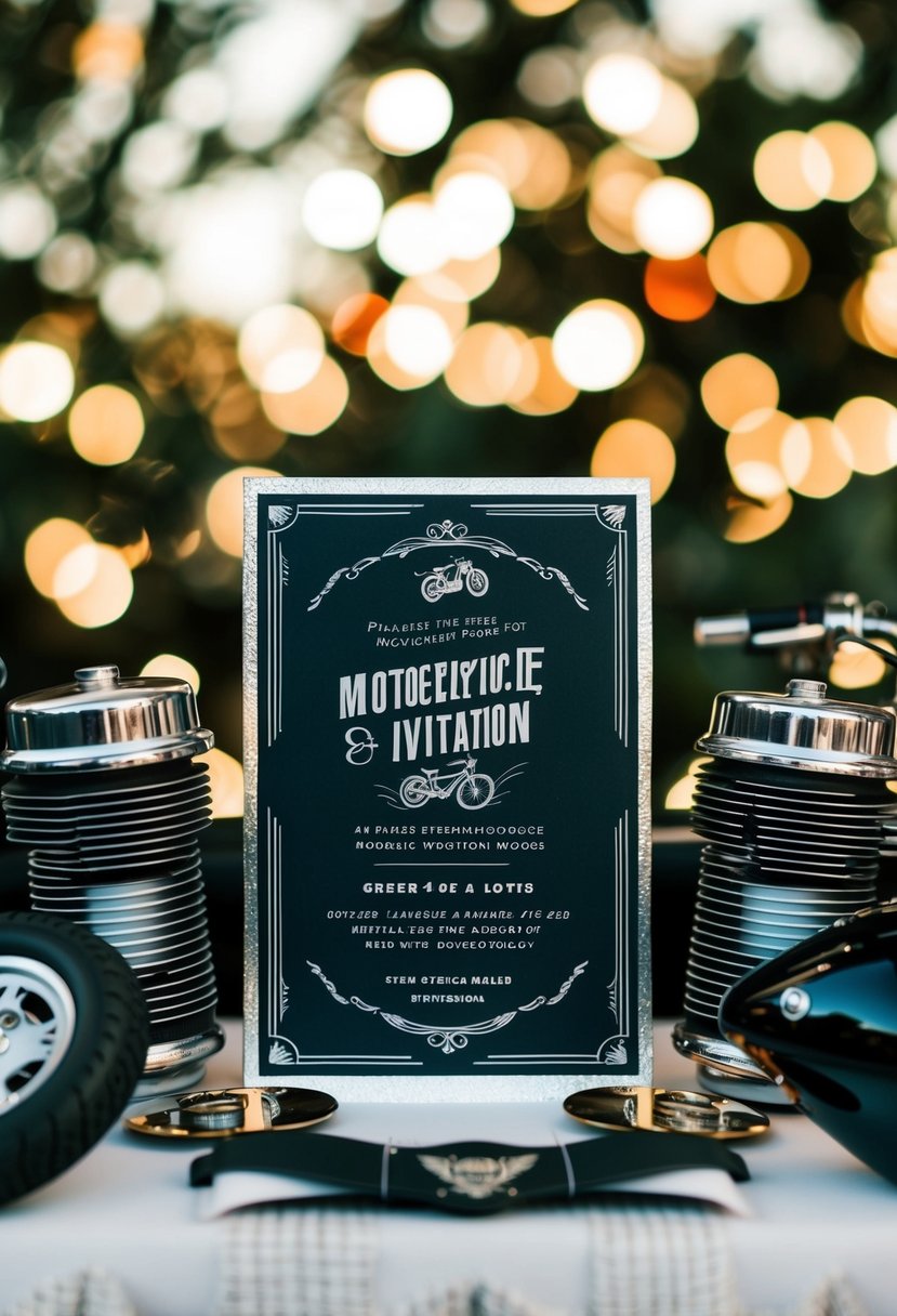 A sleek metallic bike-themed wedding invitation surrounded by motorcycle accessories and decor