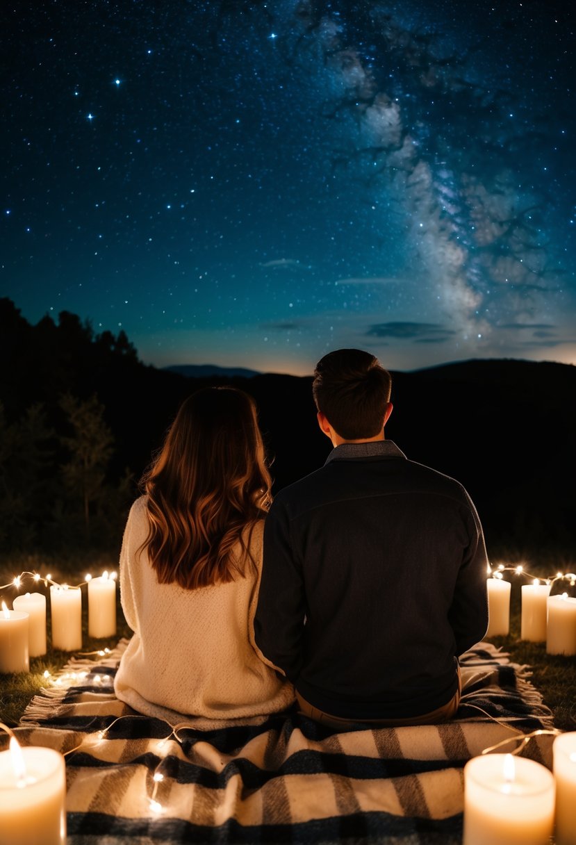 A couple sitting on a blanket, surrounded by candles and twinkling lights, gazing up at the starry night sky