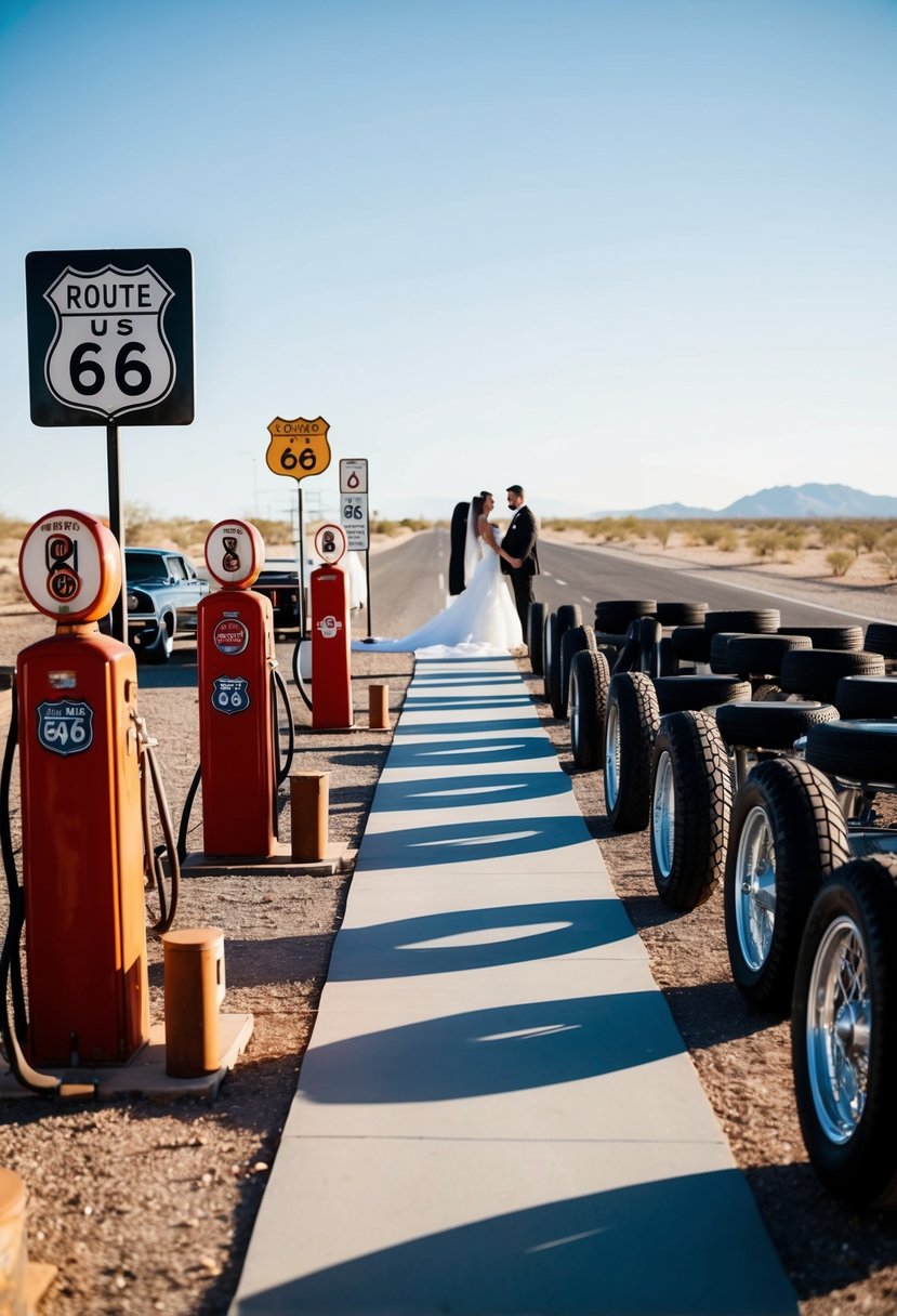 A wedding aisle lined with motorcycle tires, vintage gas pumps, and Route 66 signs, with a backdrop of open road and desert scenery