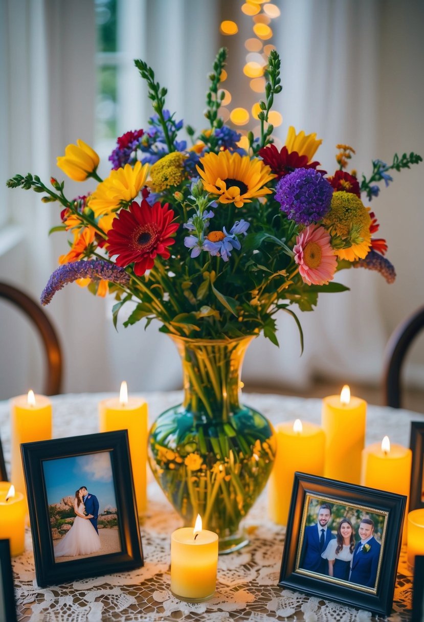 A vase filled with colorful flowers sits on a lace tablecloth, surrounded by flickering candles and framed photos