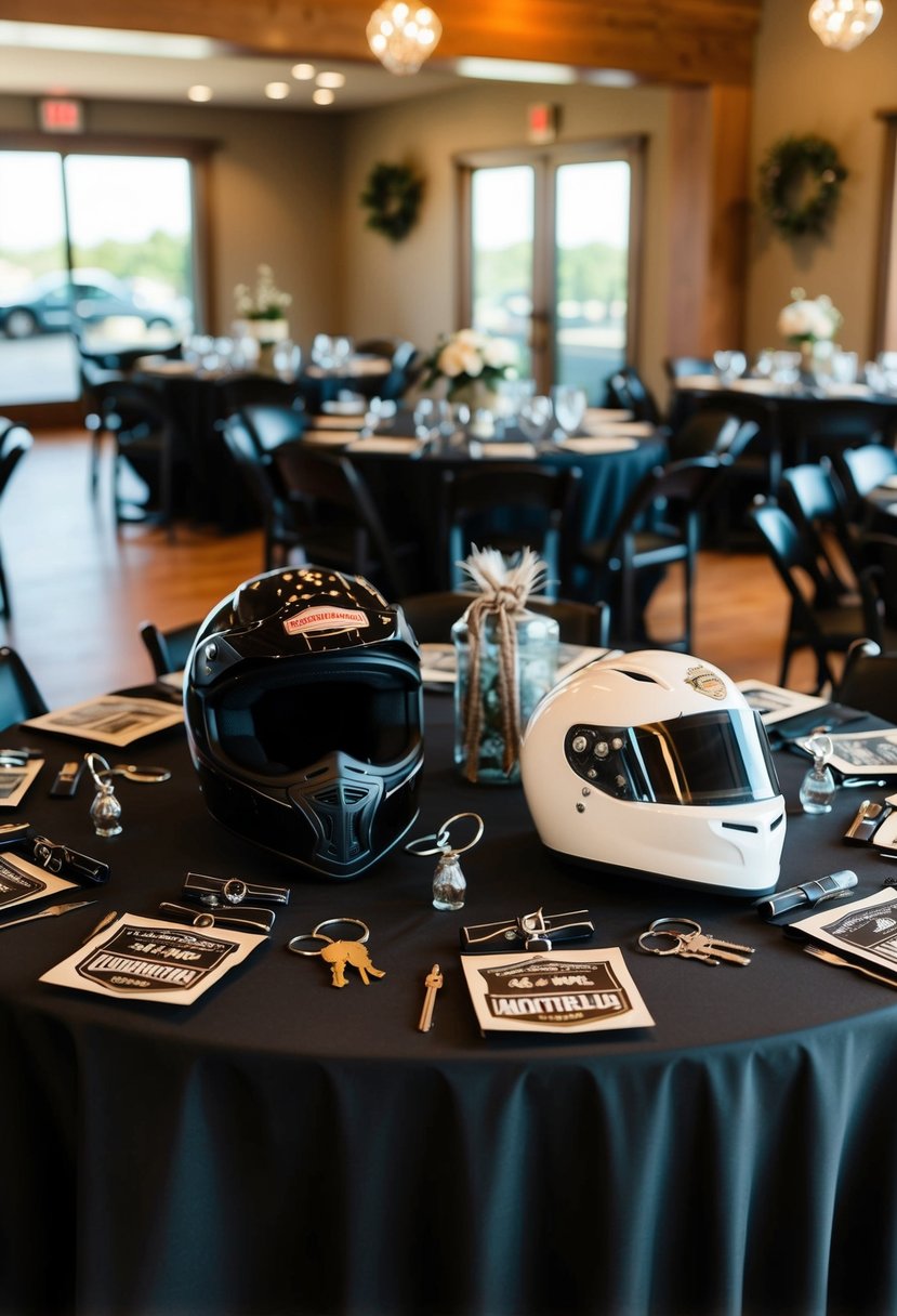 A table adorned with leather jackets, motorcycle helmets, and keychain favors. Motorcycle-themed decor fills the room