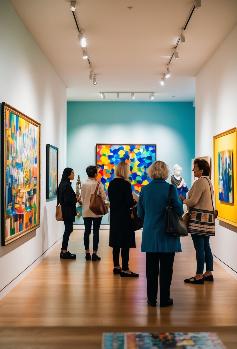 A colorful art gallery with vibrant paintings and sculptures, soft lighting, and visitors admiring the artwork