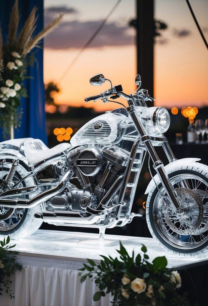 A detailed ice sculpture of a motorcycle engine, surrounded by wedding decor and biker-themed elements