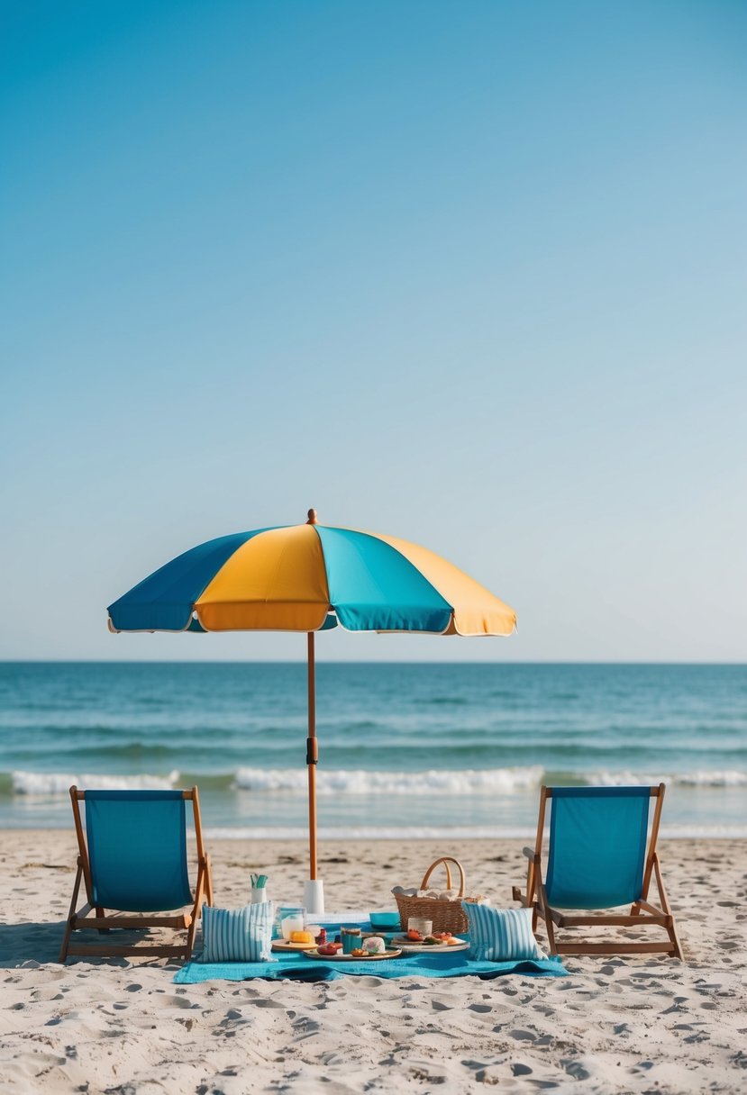 A serene beach with a colorful umbrella, lounge chairs, and a picnic spread under a clear blue sky, with gentle waves lapping at the shore