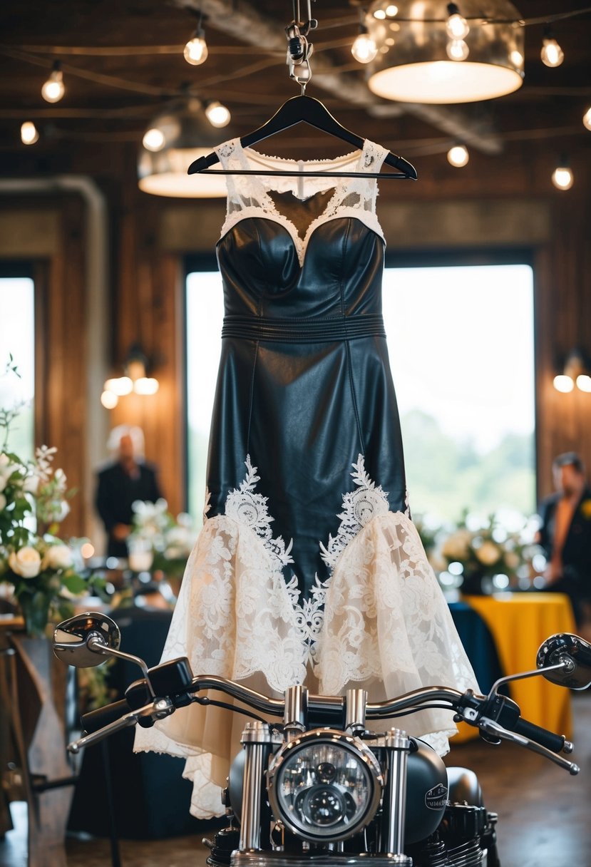 A leather and lace bridal gown hangs from a motorcycle handlebar, surrounded by biker-themed wedding decor