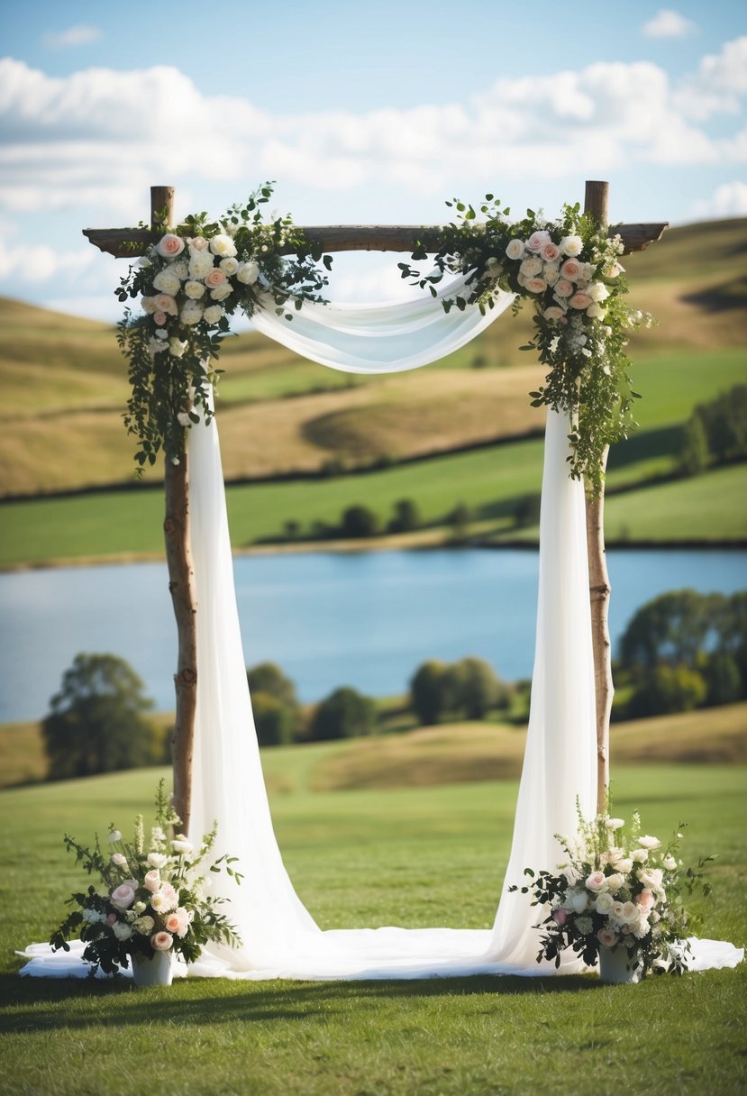 A beautiful wedding arch adorned with flowers and draped fabric, set against a picturesque backdrop of rolling hills and a serene lake