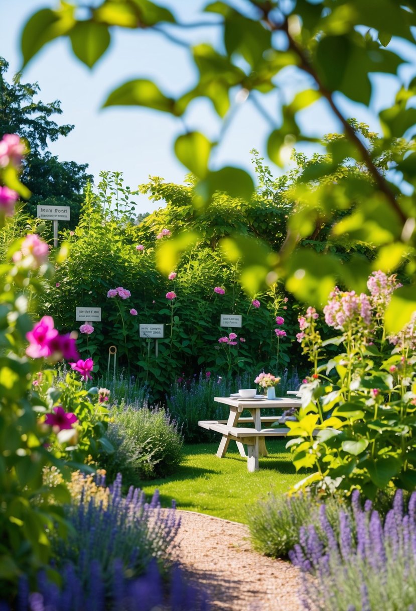 A garden with hidden clues among blooming flowers and foliage, leading to a picnic area with a table set for two