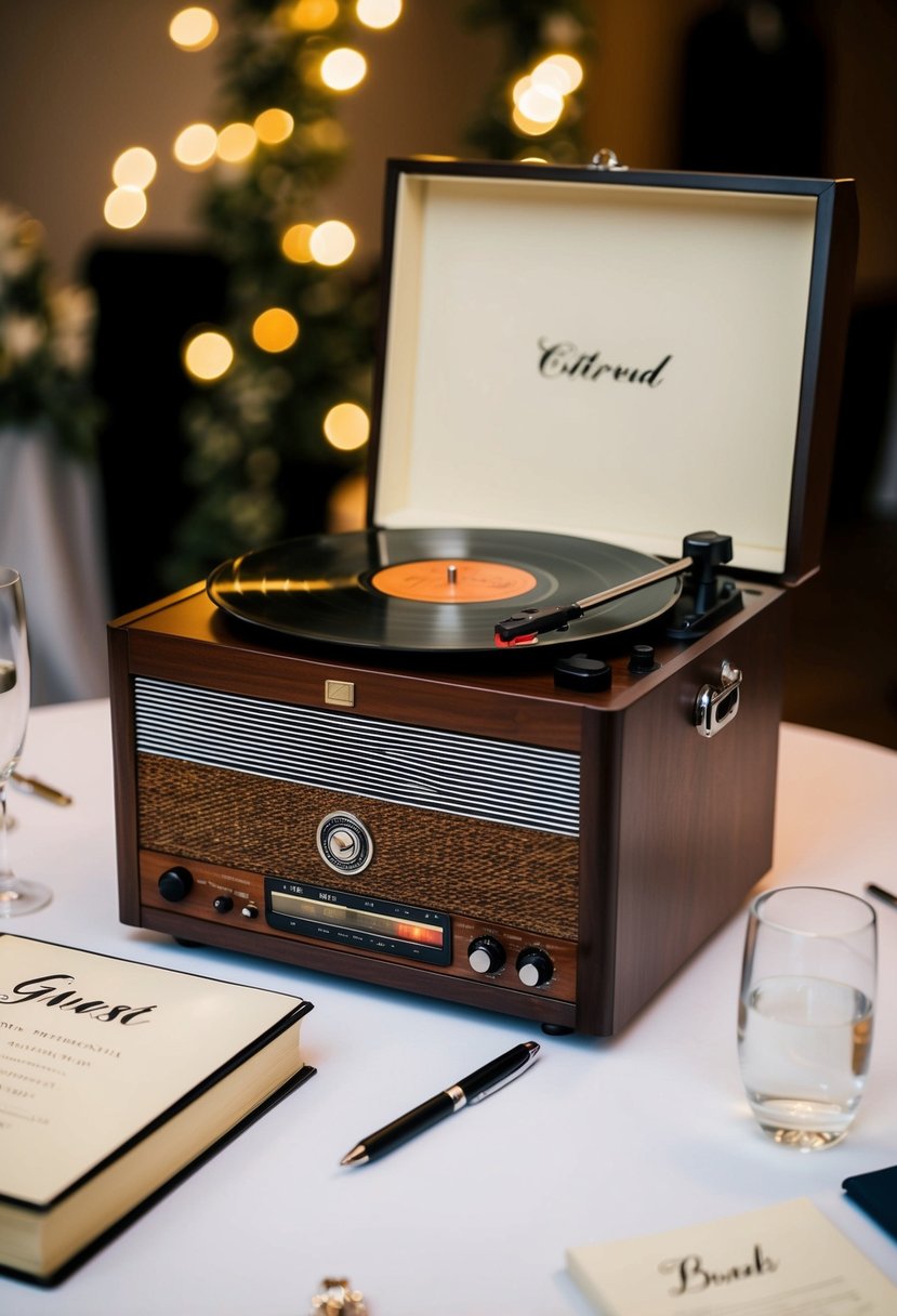 A vintage record player with a stack of vinyl records, a pen, and a guest book on a table at a wedding reception