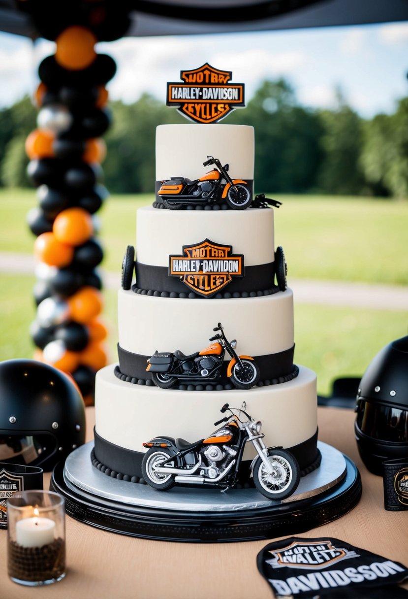 A tiered wedding cake with Harley-Davidson motorcycle details, surrounded by biker-themed decor and accessories