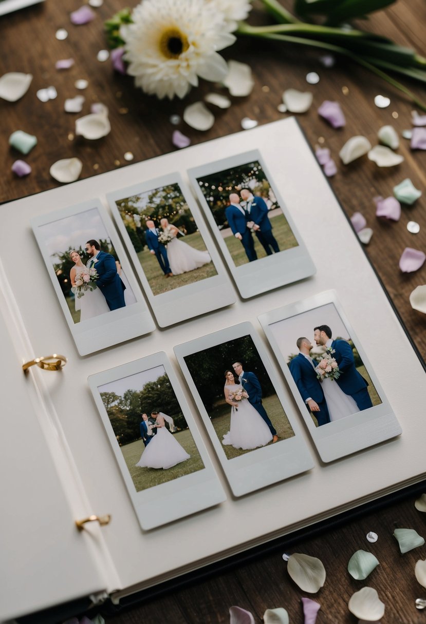 An open album displaying polaroid snapshots of a wedding, surrounded by scattered confetti and flower petals